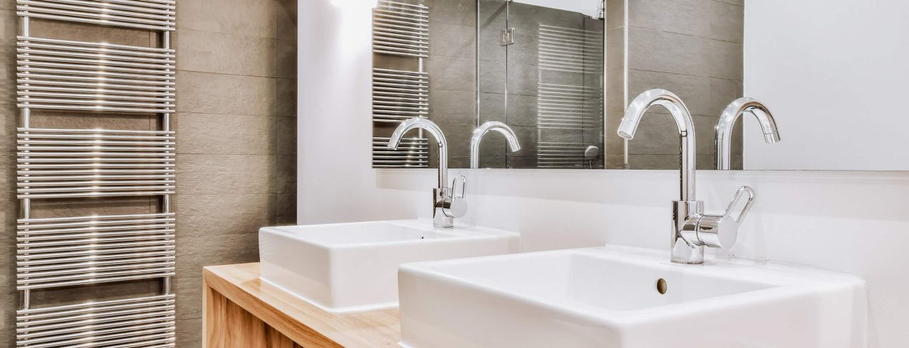Luxury interior design of a bathroom with marble walls